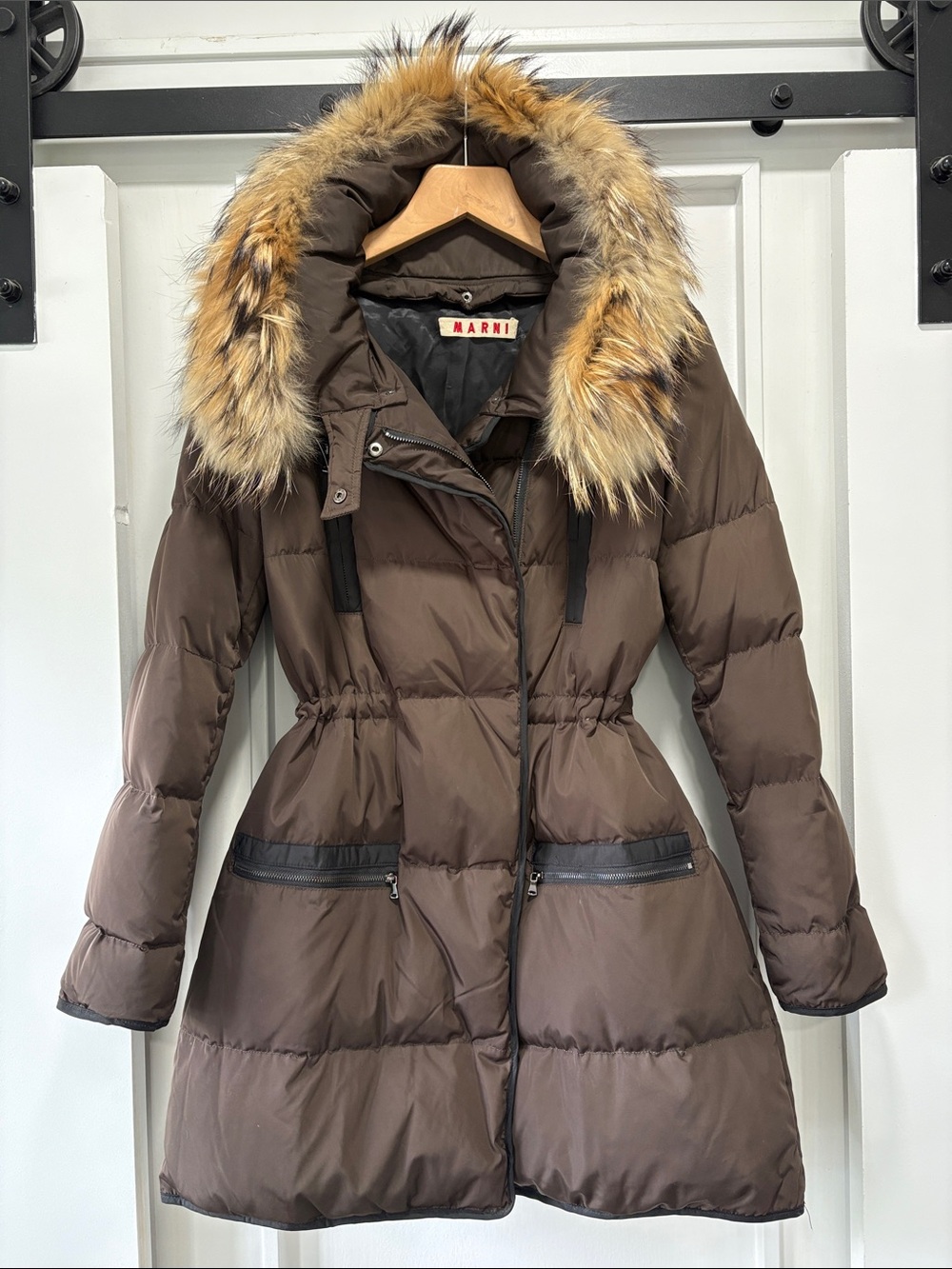 MARNI Brown Quilted Down Puffer Coat with Fur-Trim Collar Size 42 IT / 6 US